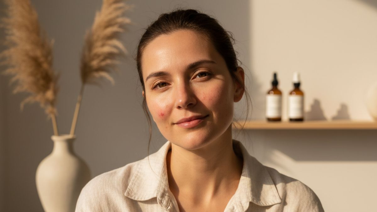 Femme adulte à la peau sensible avec quelques boutons d’acné, photographiée dans une lumière naturelle douce, illustrant une routine de soin apaisante Kaprae. Image