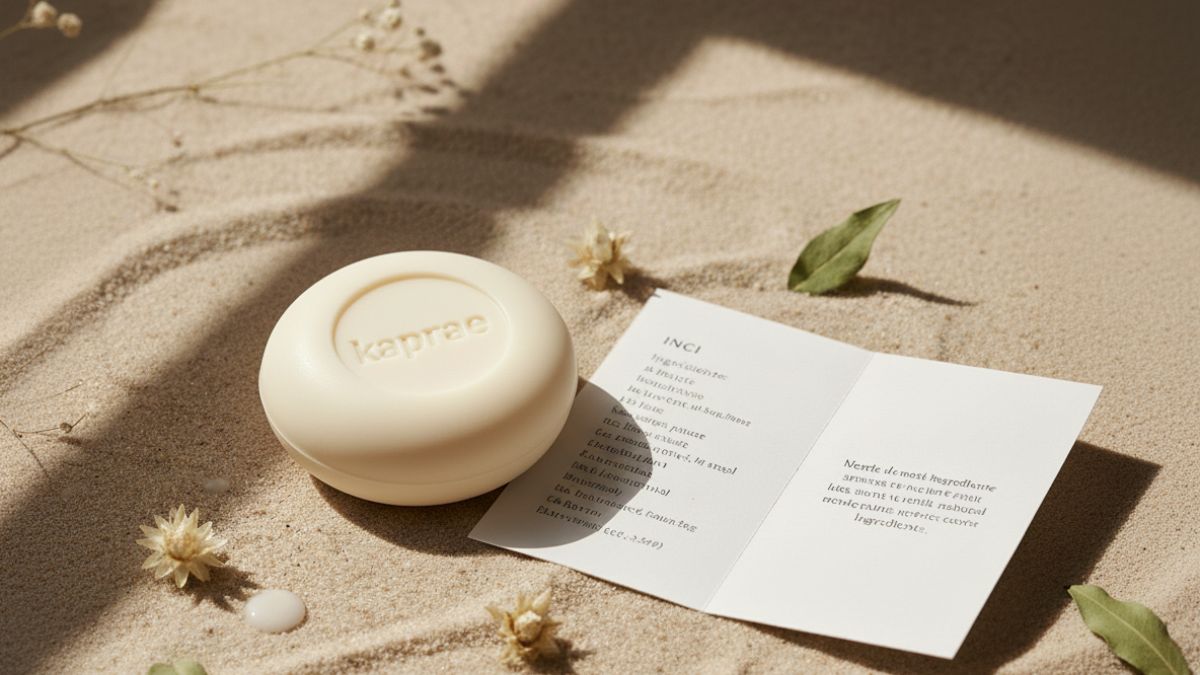 Savon naturel Kaprae au lait de chèvre posé sur un fond sable beige, accompagné d’une fiche INCI illustrant la transparence de la composition, lumière douce et ambiance naturelle.