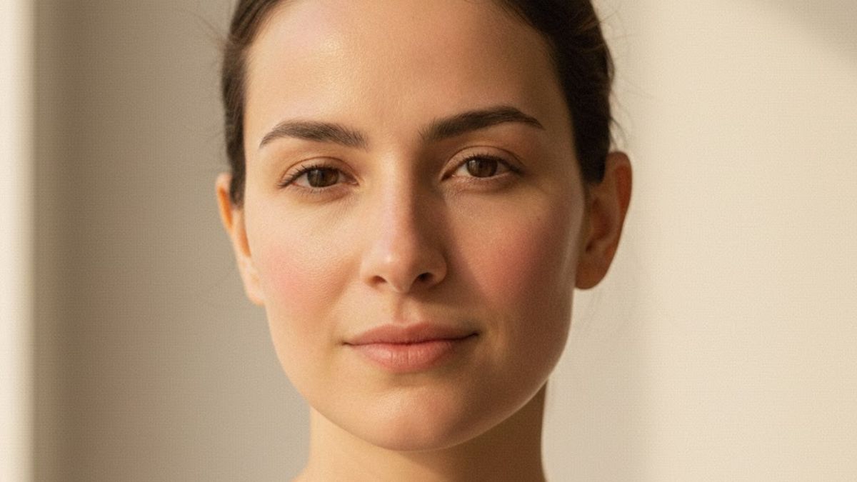 Femme à la peau sensible naturelle, légère rougeur sur les joues, lumière douce et tons beiges – illustration d’un article Kaprae sur les soins pour peau sensible. Image