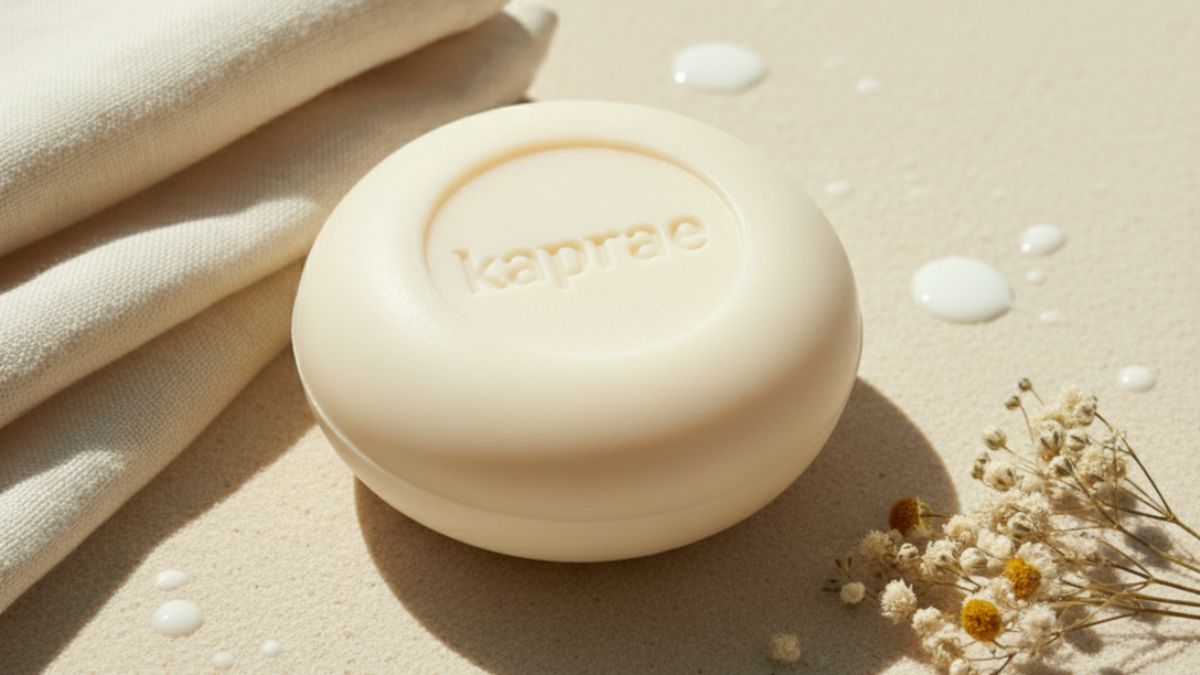 Savon au lait de chèvre Kaprae posé sur une surface beige avec fleurs séchées et lumière naturelle, savon artisanal doux pour peaux sensibles.