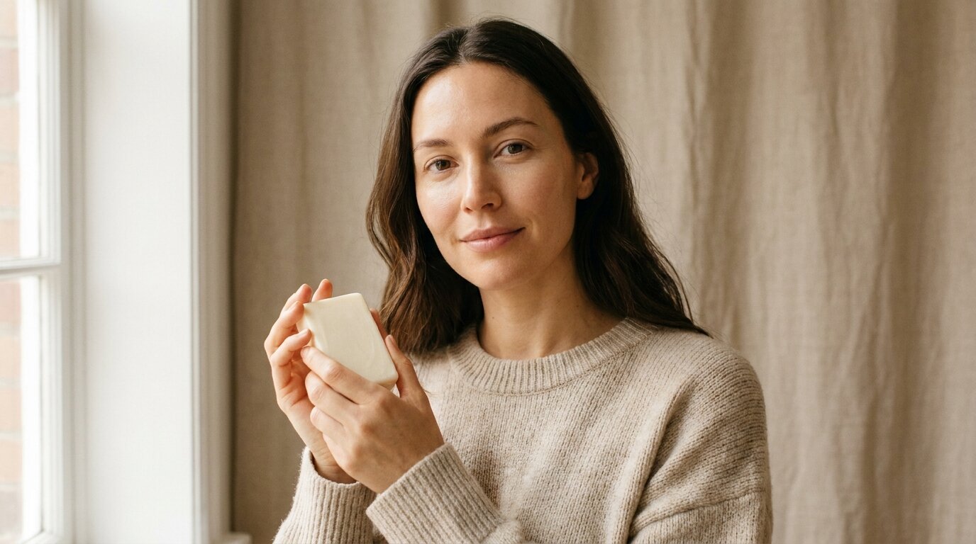 Femme adulte à la peau nette utilisant un savon au lait de chèvre pour les boutons Image