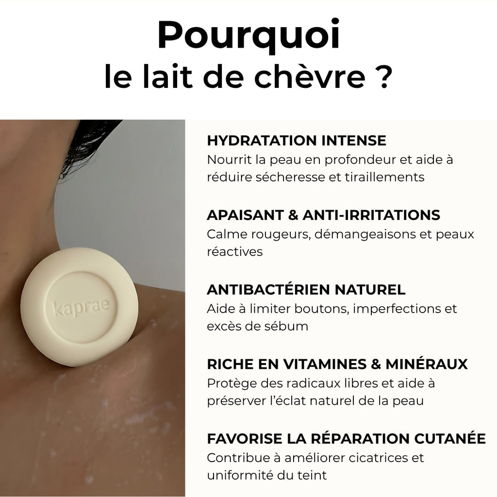 Bienfaits du lait de chèvre pour la peau : hydratant, apaisant, antibactérien et riche en vitamines.