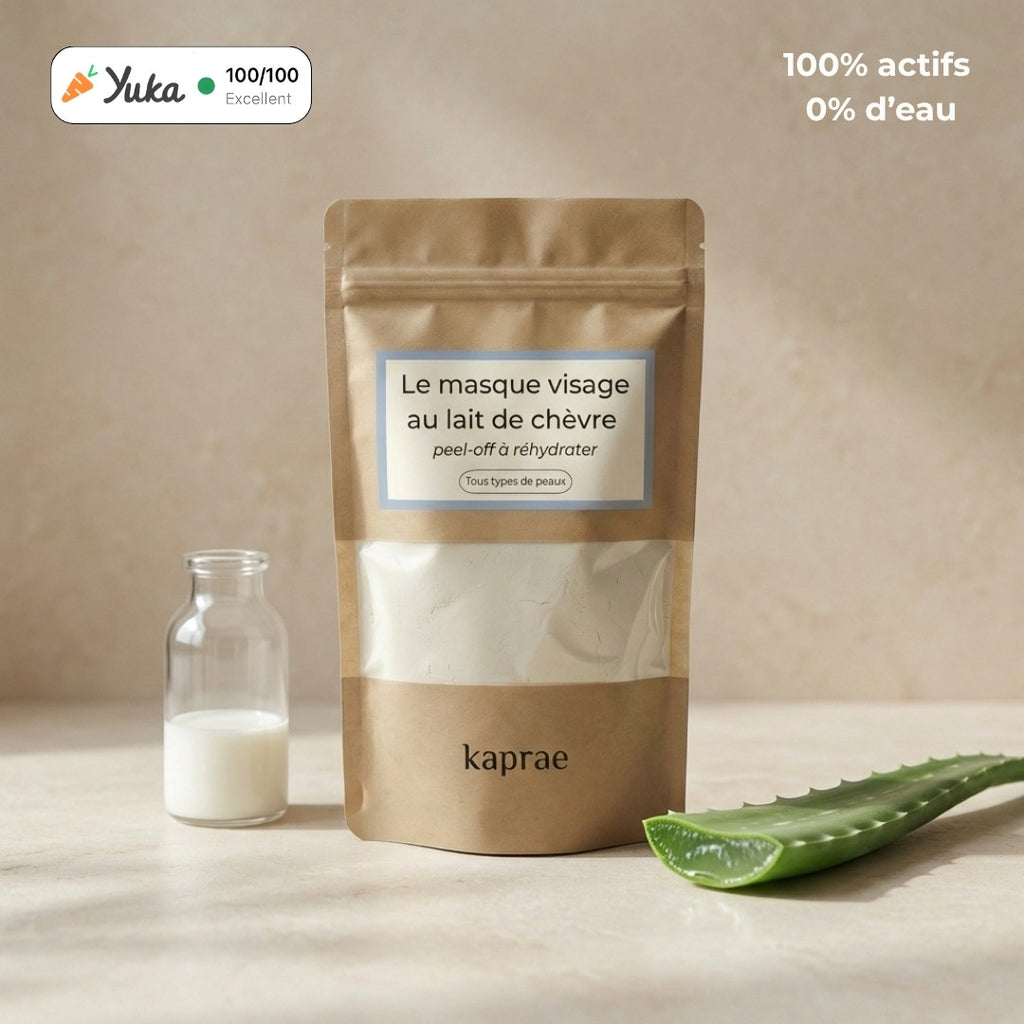 Masque peel-off au lait de chèvre Kaprae avec aloe vera pour peau sensible et imperfections.