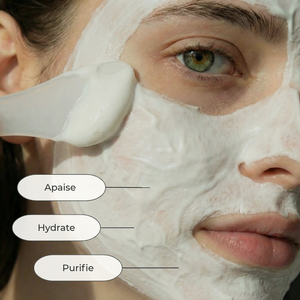 Masque peel-off au lait de chèvre posé sur le visage pour purifier et apaiser la peau