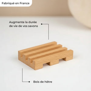 Porte-savon en bois de hêtre Kaprae fabriqué en France, design minimaliste pour prolonger la durée de vie des savons solides.