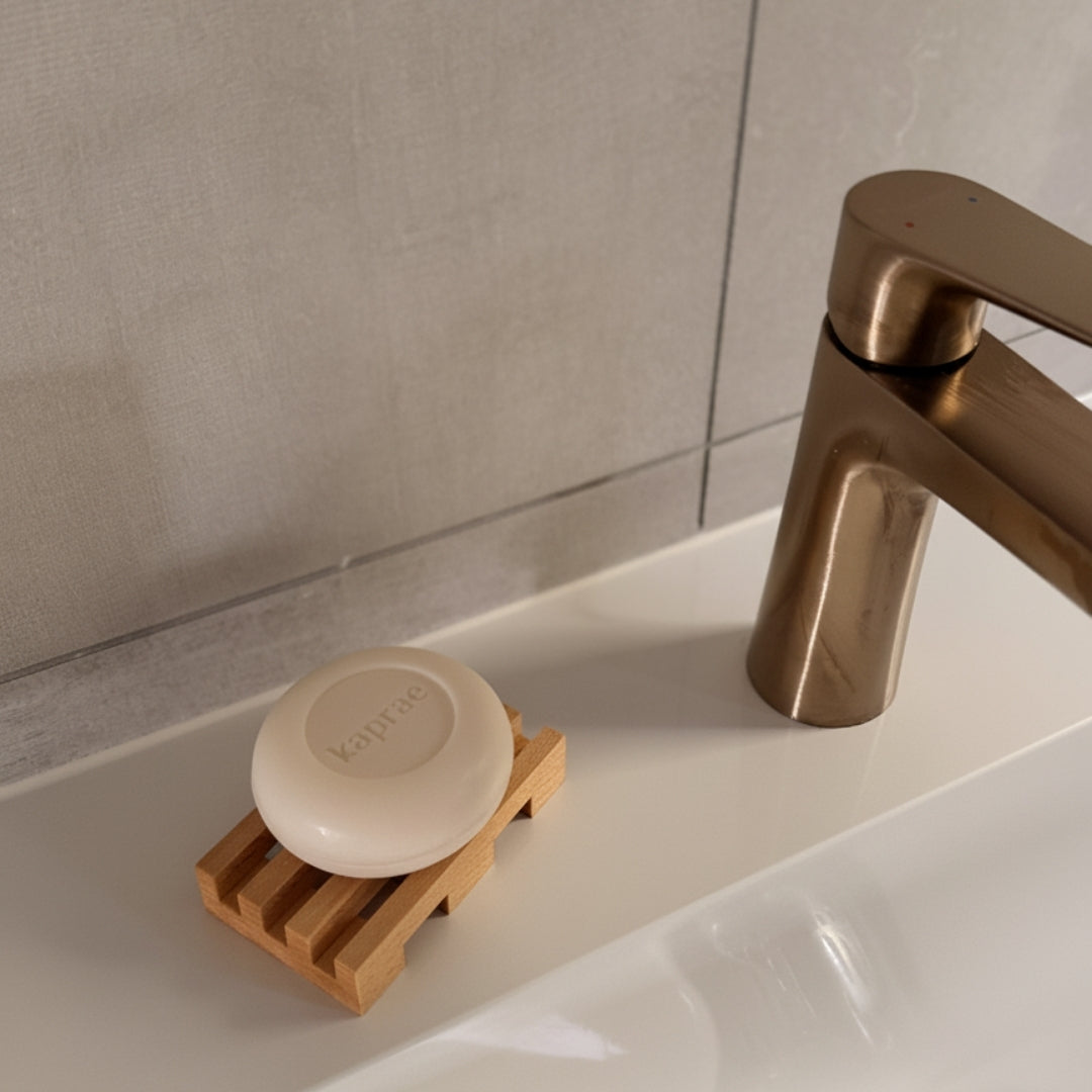 Porte-savon Kaprae en bois de hêtre posé sur un lavabo, maintenant un savon naturel au sec et prolongeant sa durée de vie.