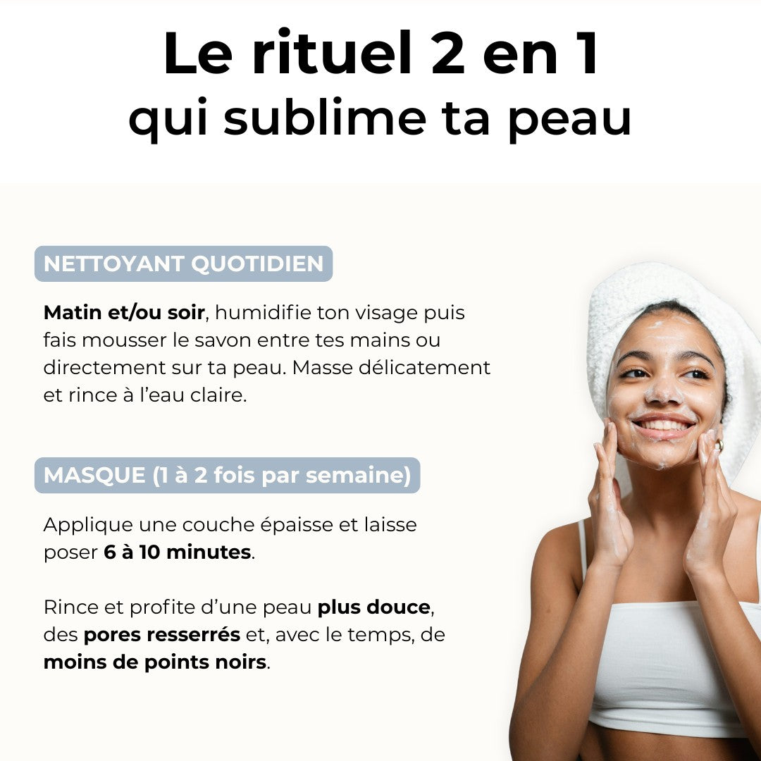 Rituel 2 en 1 Kaprae : savon au lait de chèvre utilisé en nettoyant quotidien et en masque purifiant.