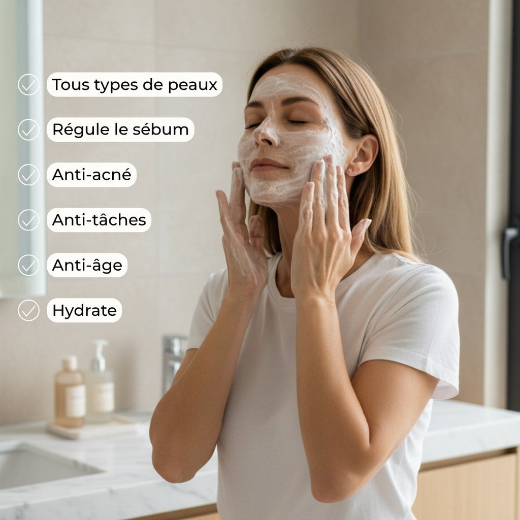 Femme utilisant le savon Kaprae au lait de chèvre, soin naturel anti-acné, hydratant et anti-âge.