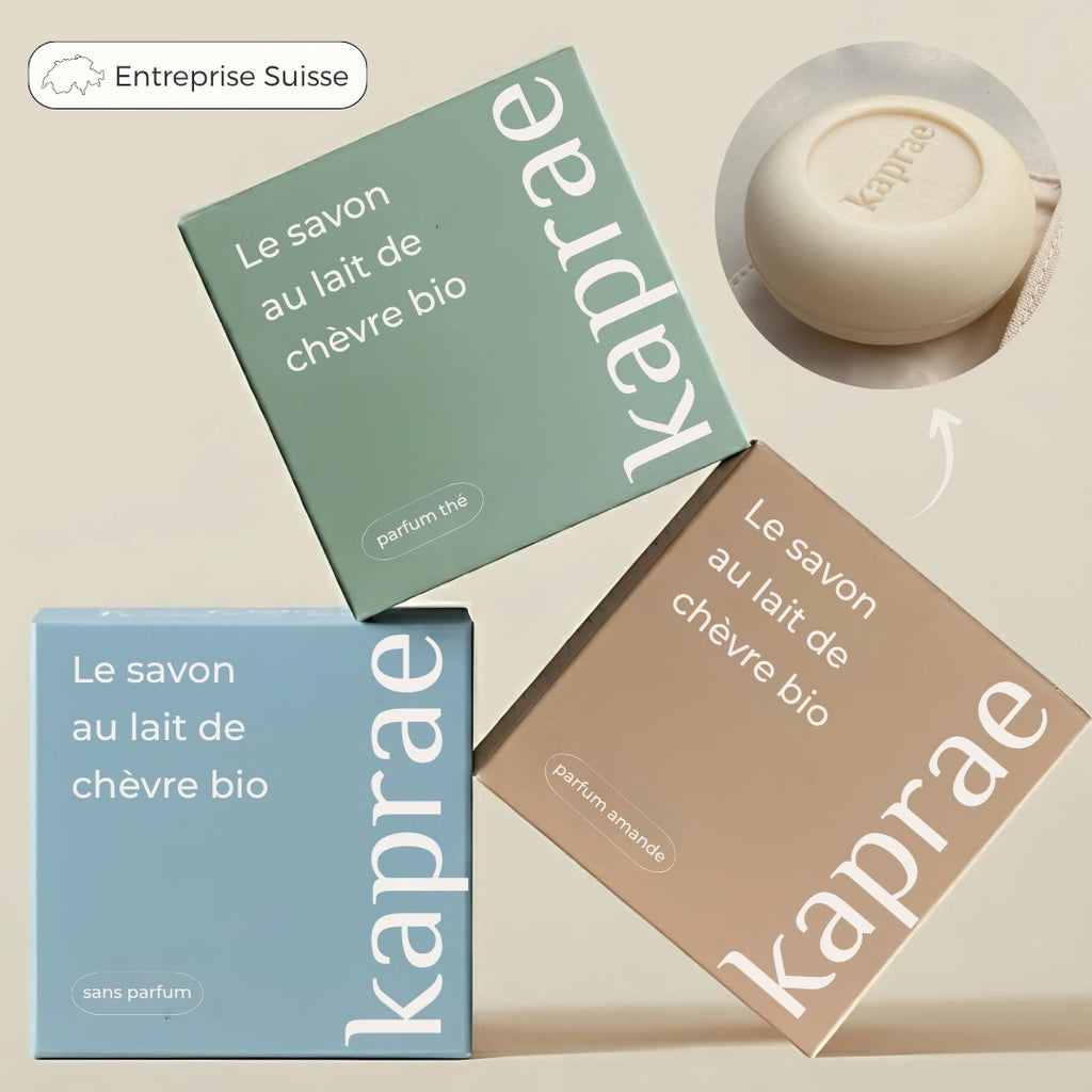 Gamme de savons Kaprae au lait de chèvre bio, parfums amande, thé et sans parfum, fabriqués artisanalement.