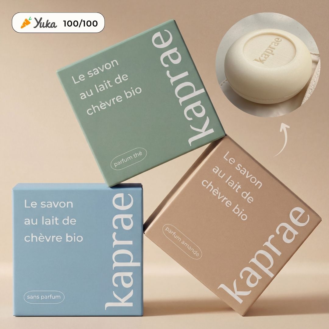 Gamme de savons Kaprae au lait de chèvre bio, parfums amande, thé et sans parfum, fabriqués artisanalement.