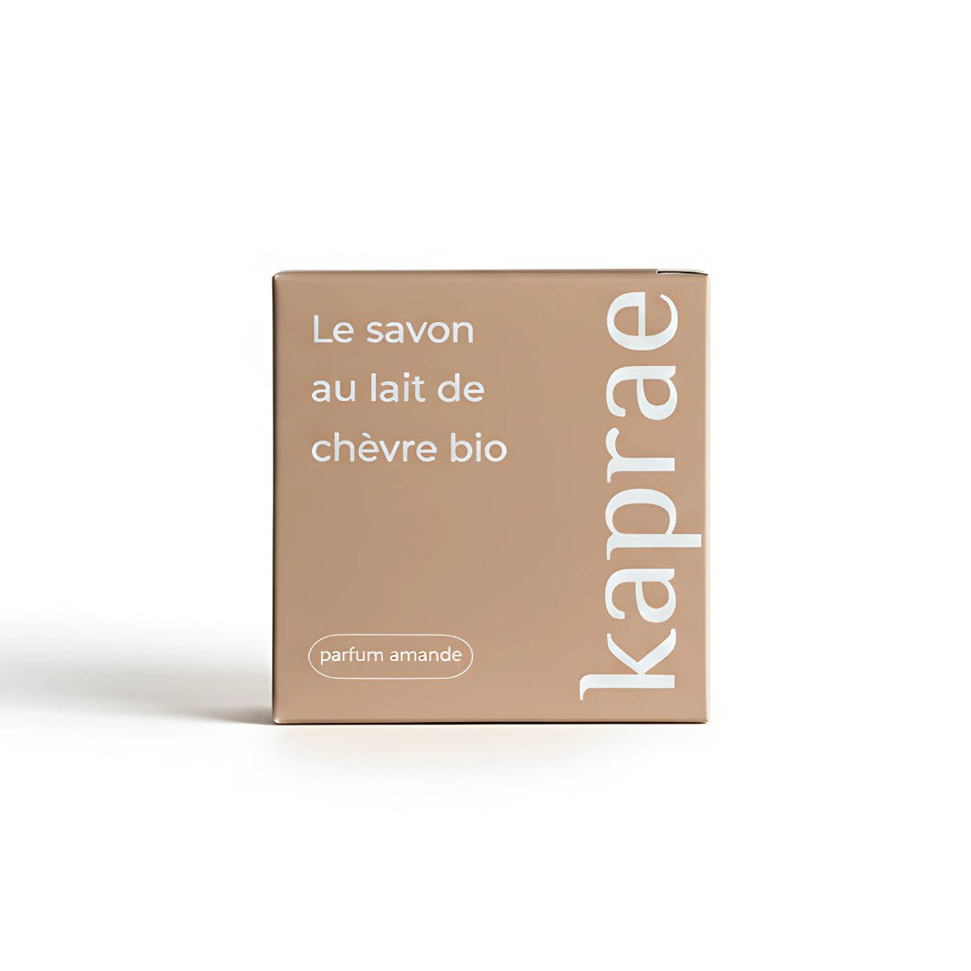Savon naturel Kaprae au lait de chèvre bio parfum amande, nourrissant et doux pour la peau.