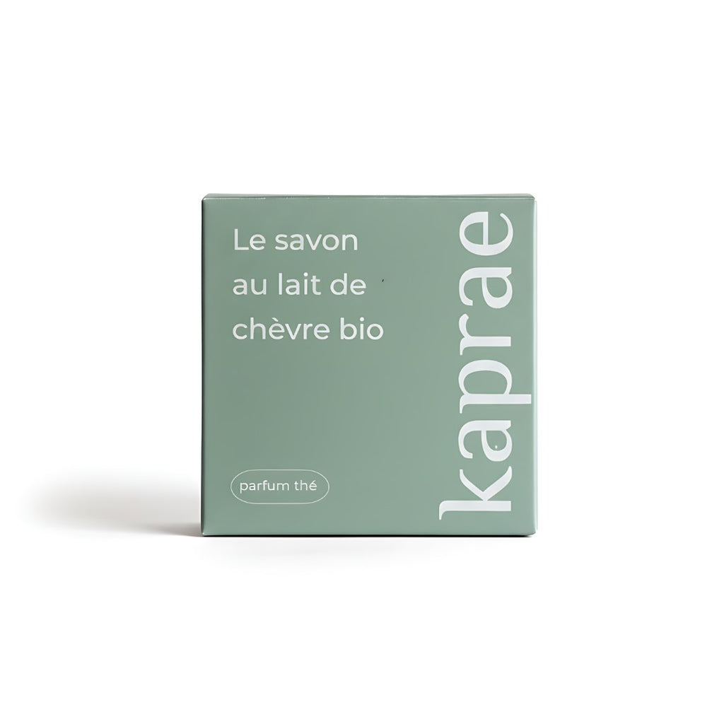 Savon Kaprae au lait de chèvre bio et parfum thé vert, nettoyant purifiant pour tous types de peaux.